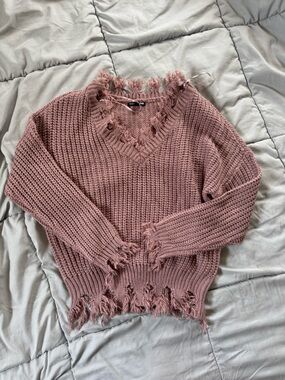 Fashion Nova Dusty Rose Distressed V-Neck Chunky Knit Sweater